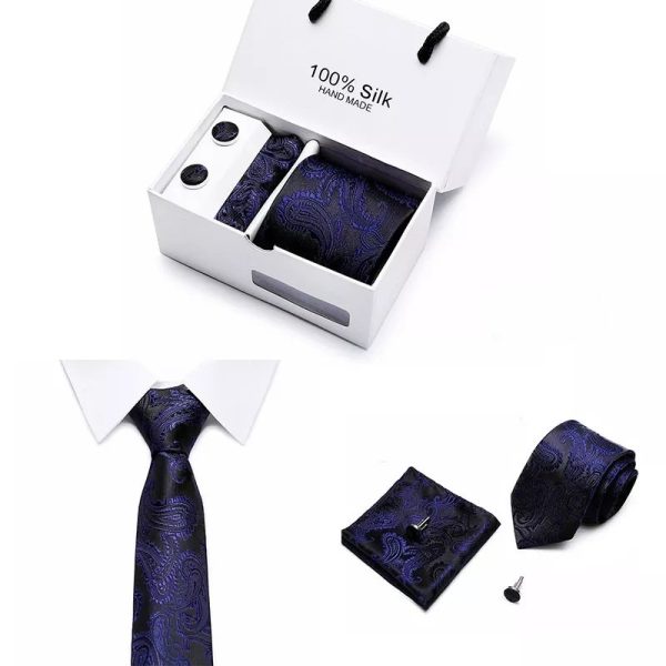 Blue and Black Paisley Tie, Handkerchief and Cufflink Gift Set