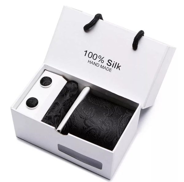 Black Paisley Silk Tie, Handkerchief and Cufflink Gift Set