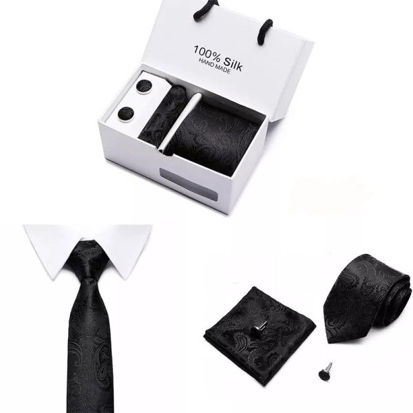 Black Paisley Silk Tie, Handkerchief and Cufflink Gift Set