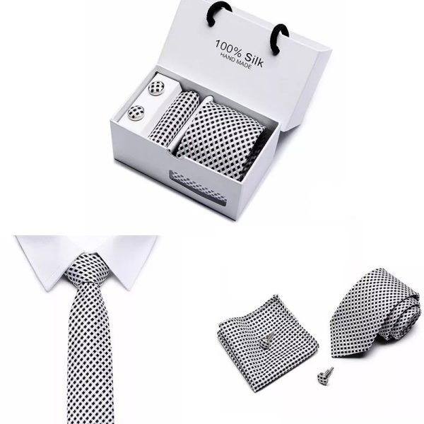 Black and White Tie, Handkerchief and Cufflink Silk Gift Set