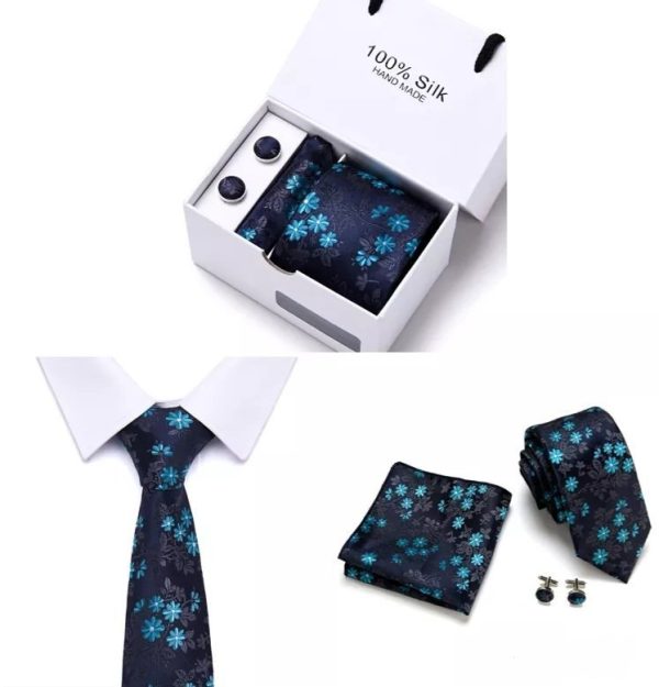 Blue Floral Tie, Hankerchief and Cufflink Silk Gift Set - Image 2