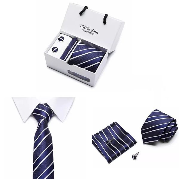 Navy Blue Silk Tie, Handkerchief and Cufflink Gift Set