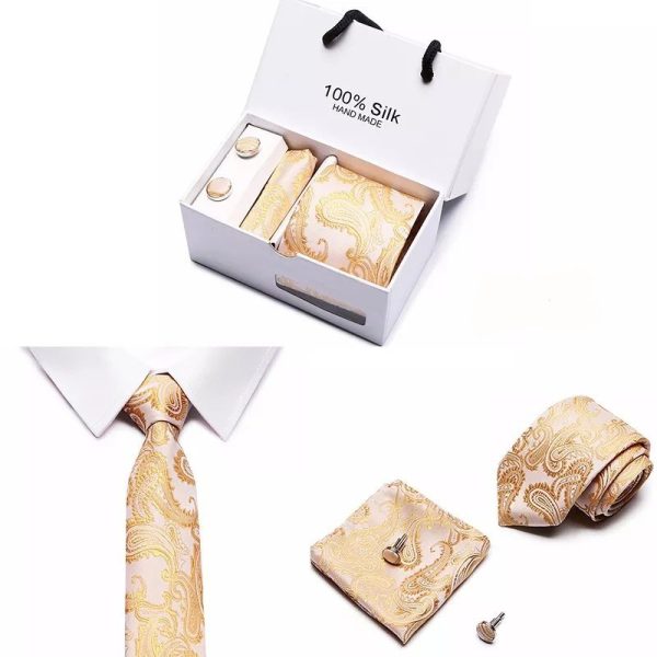 Cream and Gold Paisley Silk Tie, Handkerchief and Cufflink Gift Set