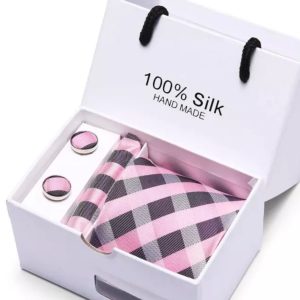 Pink and Grey Tie, Handkerchief and Cufflink Gift Set