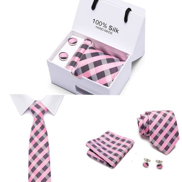 Pink and Grey Tie, Handkerchief and Cufflink Gift Set