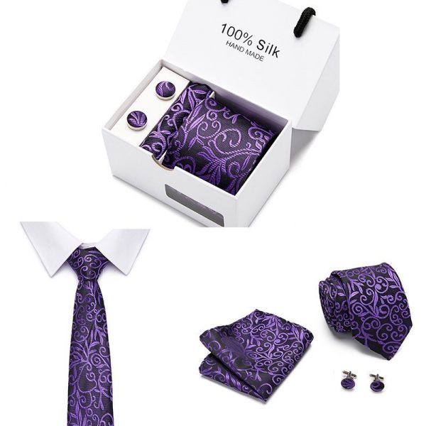 Black and Purple Tie, Handkerchief and Cufflink Gift Set