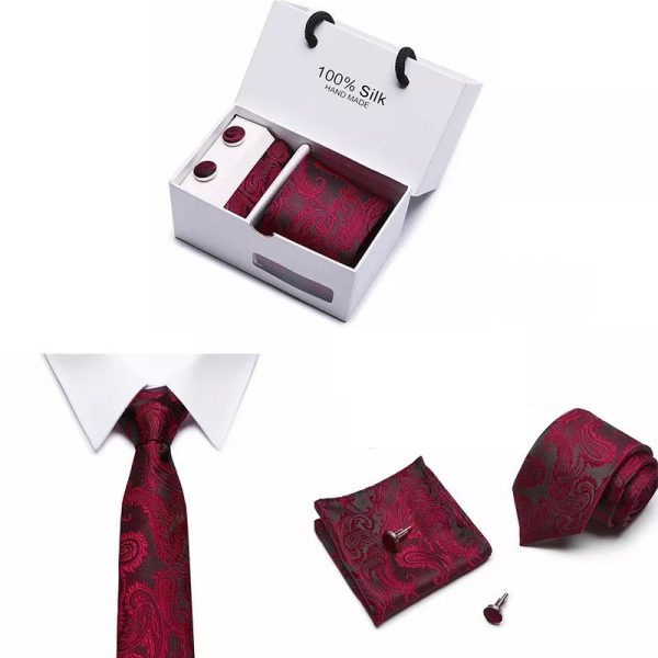 Red Paisley Silk Tie, Handkerchief and Cufflink Gift Set