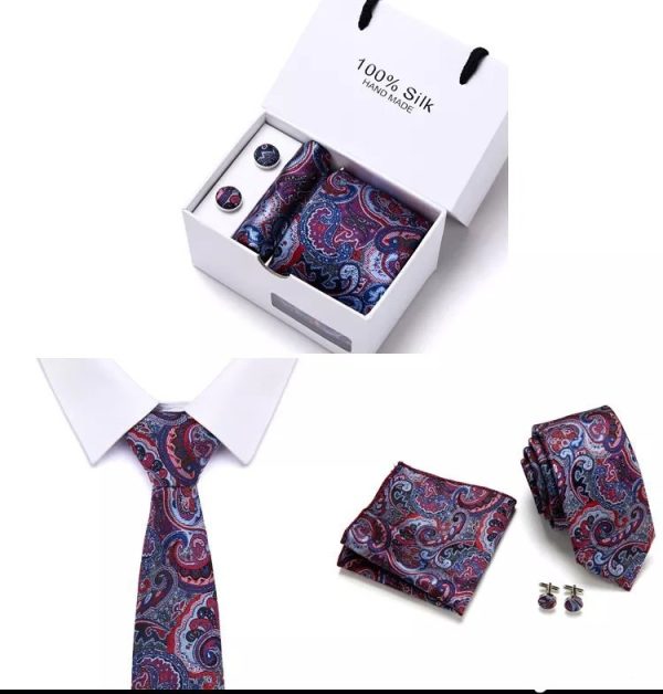 Paisley Blue & Purple Tie, Handkerchief and Cufflink Silk Gift Set