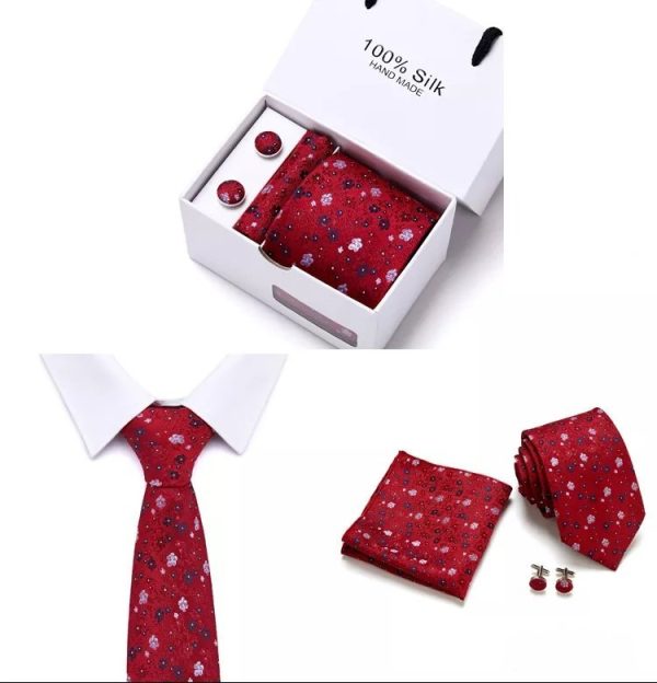 Floral Red Silk Tie, Handkerchief and Cufflink Gift Set