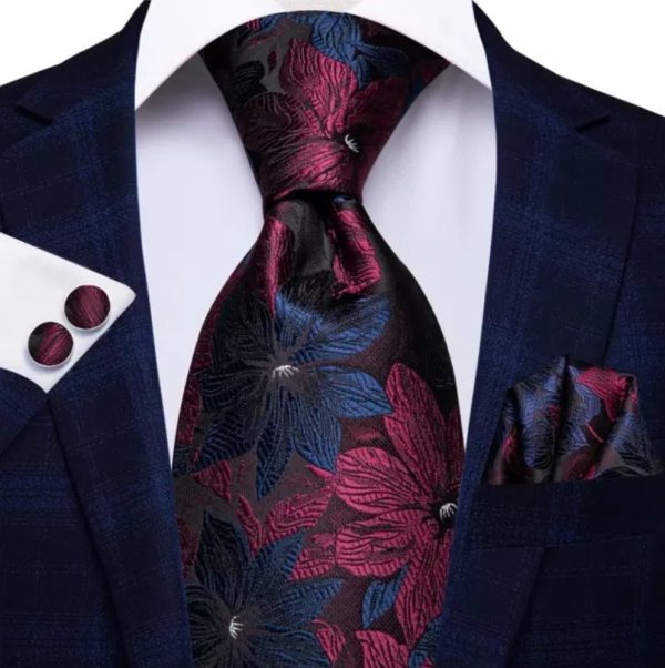 Navy and Red Floral Tie Set