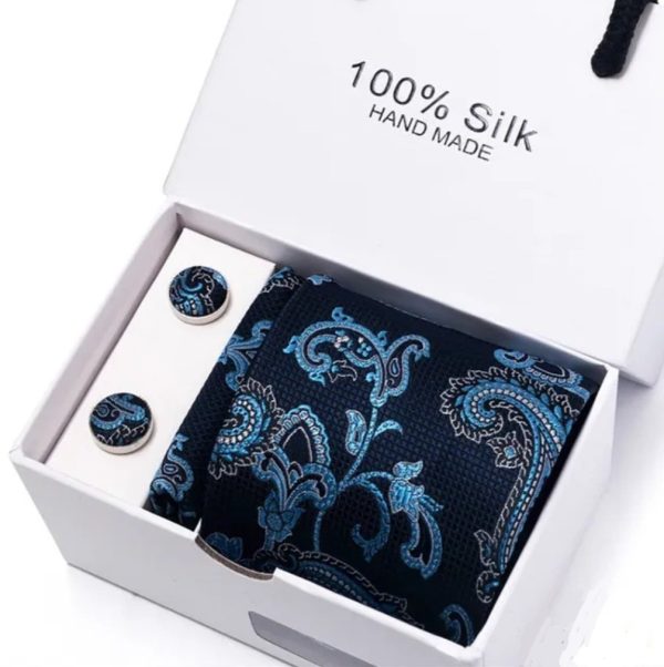 Paisley Navy Blue Silk Tie, Handkerchief and Cufflink Gift Set