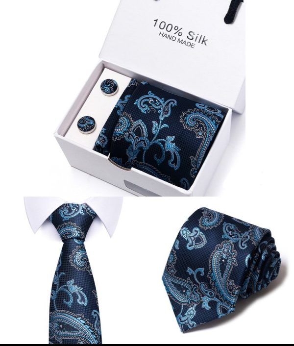 Paisley Navy Blue Silk Tie, Handkerchief and Cufflink Gift Set