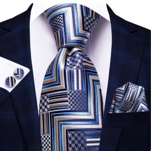 Zig Zag Blue Tie Set with Handkerchief and Cufflinks