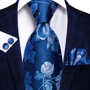 Floral Blue Ties Set with Handkerchief and Cufflinks