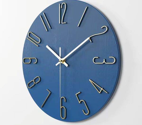 Large Blue Wall Clock with Gold Numbers