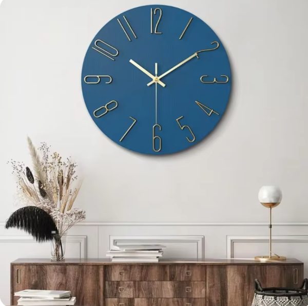 Large Blue Wall Clock with Gold Numbers